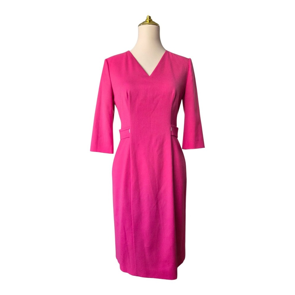 BOSS Hugo Boss Pink V-Neck 3/4 Sleeve Sheath Dress Tailored Career‎ Midi